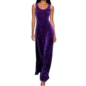 Vintage Y2K Bold Edgy Chic 70s Inspired Deep Purple Crushed Velvet Maxi Dress